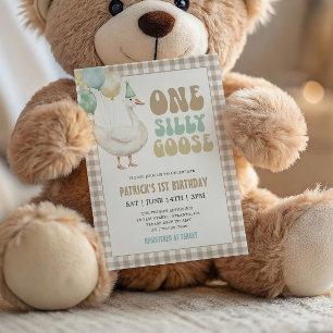 Beige Gingham One Silly Goose 1. Geburtstag Einladung