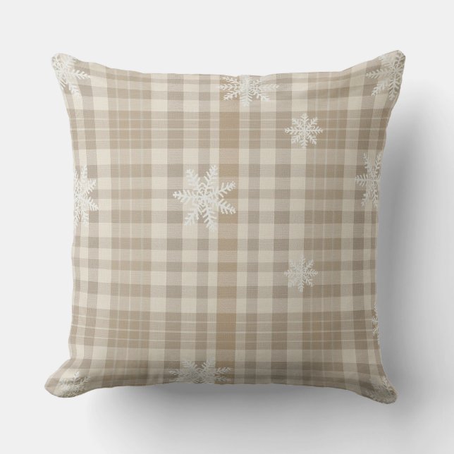 Beige Gingham Snowflake Throw Pillow –Cozy Neutral Kissen (Vorderseite)