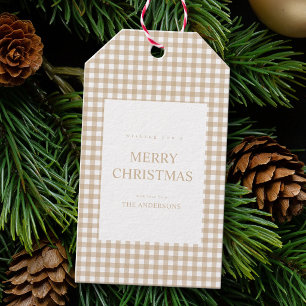 Beige Gingham Weihnachten Geschenkanhänger