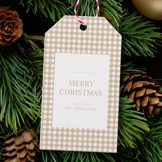Beige Gingham Weihnachten Geschenkanhänger