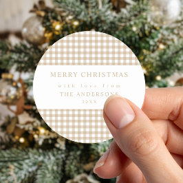 Beige Gingham Weihnachten Runder Aufkleber