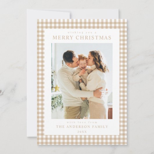 Beige Gingham Weihnachtsfoto Feiertagskarte (Vorderseite)