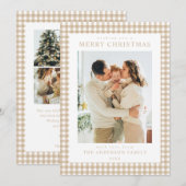 Beige Gingham Weihnachtsfoto Feiertagskarte (Vorne/Hinten)
