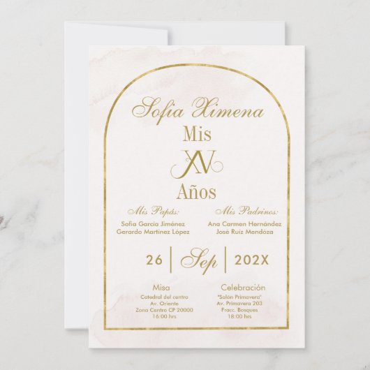 Beige Gold Arch Quinceañera Einladung (Vorderseite)