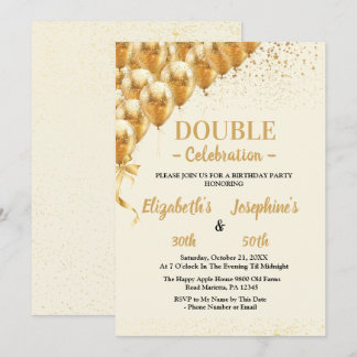 Beige Gold Balloons Glitzer Duale Geburtstagsoiree Einladung