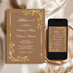 Beige Gold Blumenrand Islamische Hochzeit Einladung