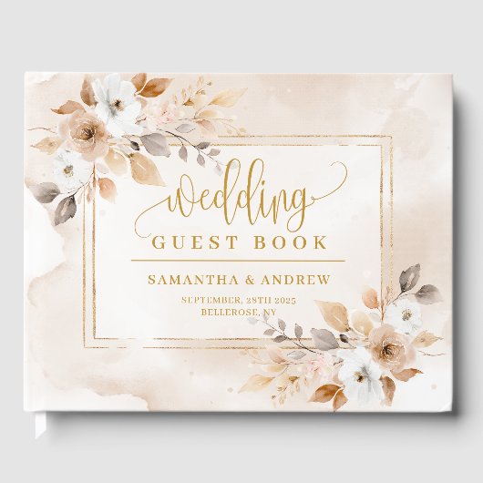 Beige & Gold Boho Fall Bouquet Wedding Gästebuch (Vorderseite)