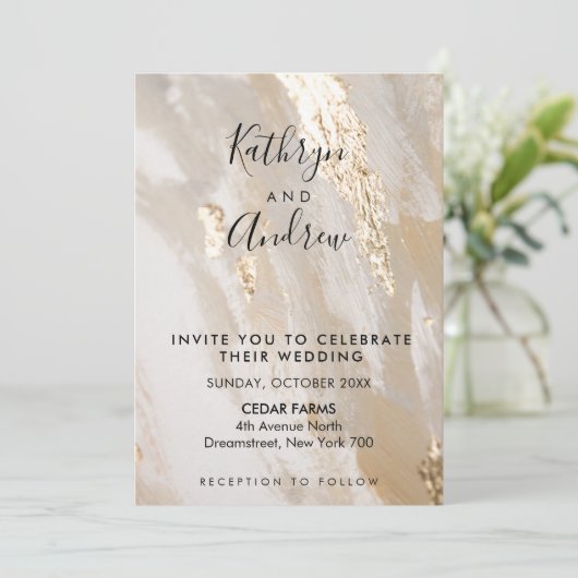 Beige Gold Calligraphy Wedding Einladung (Stehend Vorderseite)
