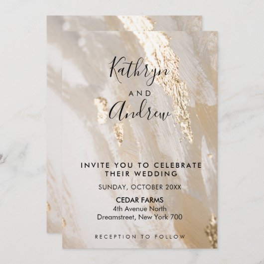 Beige Gold Calligraphy Wedding Einladung (Vorne/Hinten)