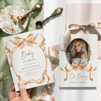 Beige & Gold Coquette Bow Foto Babydusche