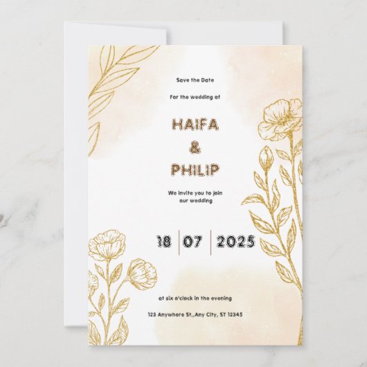 Beige Gold Floral Delikate Leichte Hochzeit Einlad Einladung (Vorderseite)
