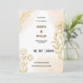 Beige Gold Floral Delikate Leichte Hochzeit Einlad Einladung (Stehend Vorderseite)