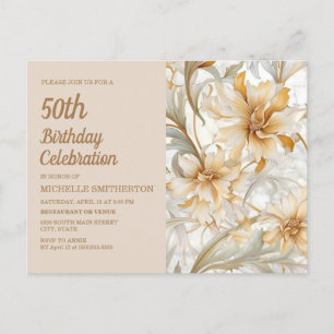Beige Gold Floral Women's 50. Geburtstag Einladungspostkarte