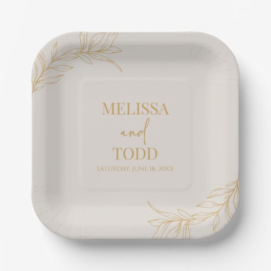 Beige Gold Minimal Minimalistische Zweigstelle Lea Pappteller (Vorderseite)