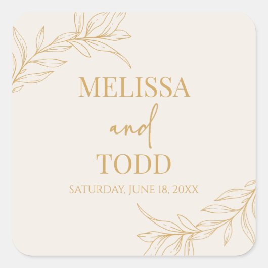 Beige Gold Minimal Minimalistische Zweigstelle Lea Quadratischer Aufkleber (Vorderseite)