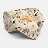 Beige Gold Tan Ivory White Watercolor Floral Krawatte (Gerollt)