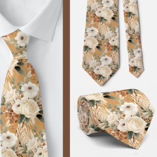 Beige Gold Tan Ivory White Watercolor Floral Krawatte