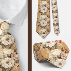 Beige Gold Tan Ivory White Watercolor Floral Krawatte