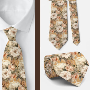 Beige Gold Tan Ivory White Watercolor Floral Krawatte