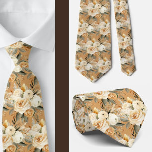 Beige Gold Tan Ivory White Watercolor Floral Krawatte