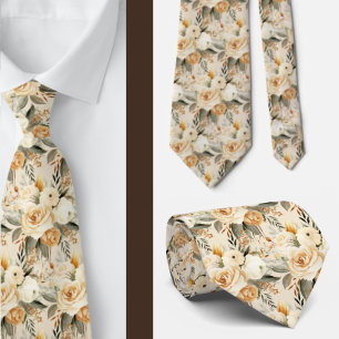 Beige Gold Tan Ivory White Watercolor Floral Krawatte