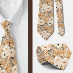 Beige Gold Tan Ivory White Watercolor Floral Krawatte
