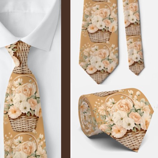 Beige Gold Tan Ivory White Watercolor Floral Krawatte