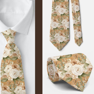 Beige Gold Tan Ivory White Watercolor Floral Krawatte