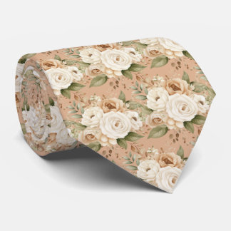 Beige Gold White Roses Floral Flowers Neck Tie Krawatte