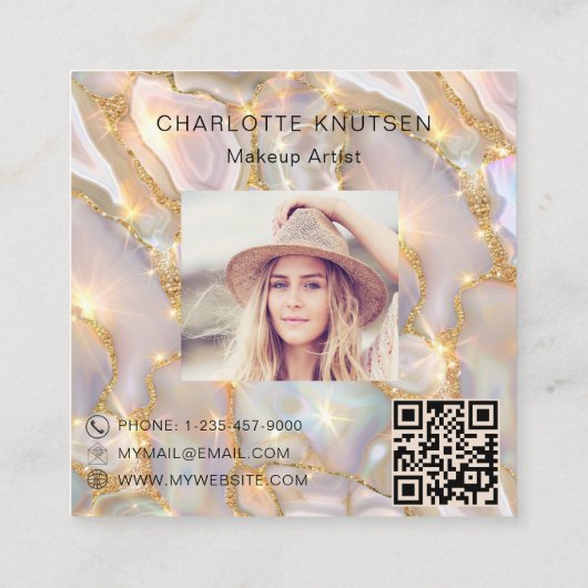 Beige Goldagate holografisches Foto qr Quadratische Visitenkarte (Rückseite)