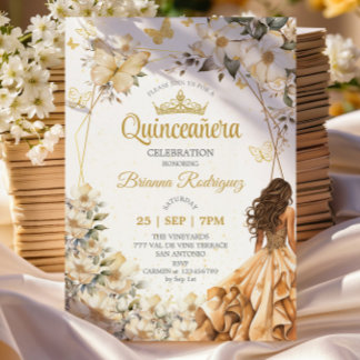 Beige Goldene Tiara Blumen Schmetterling Quinceañe Einladung