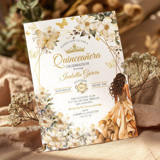 Beige Goldene Tiara Blumen Schmetterlinge Quinceañ Einladung