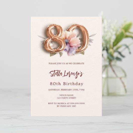 Beige Goldpfirsichblüte 80. Geburtstag Einladung (Stehend Vorderseite)