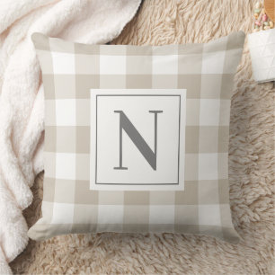 Beige Grau Gingham Karo Monogramm Anfangsbuchstabe Kissen