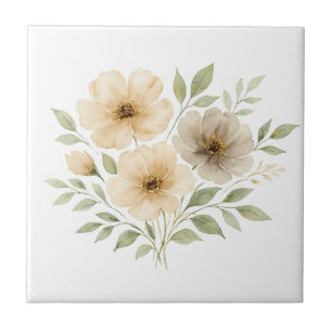 Beige Graue Neutrale Farben Boho Watercolor Blumen Fliese