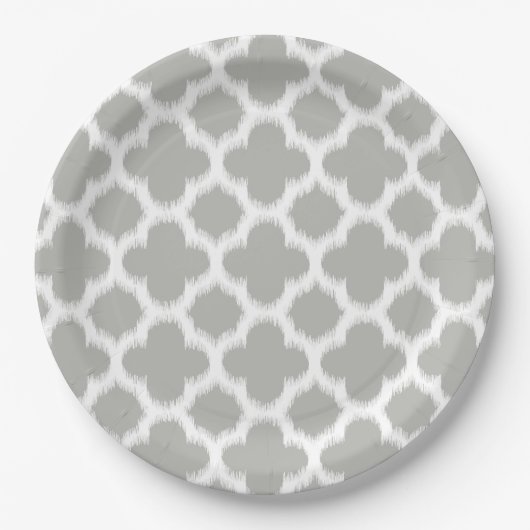 Beige graues weißes Retro-Ikat-Quatrefolienmuster Pappteller (Vorderseite)