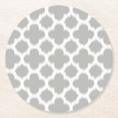 Beige graues weißes Retro-Ikat-Quatrefolienmuster Runder Pappuntersetzer (Vorderseite)