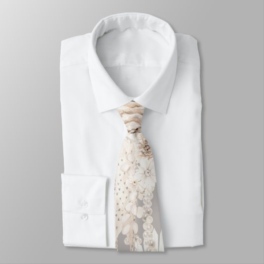 Beige Gray White Floral Weddiniom Krawatte (Gebunden)