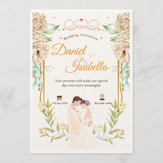 Beige Green Floral Watercolor Wedding Invitation Einladung (Vorderseite)