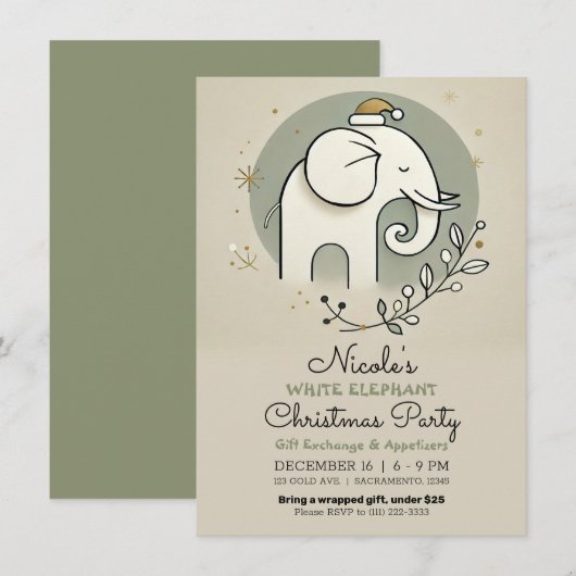 Beige Green Gold White Elephant Weihnachts-Party Einladung (Vorne/Hinten)