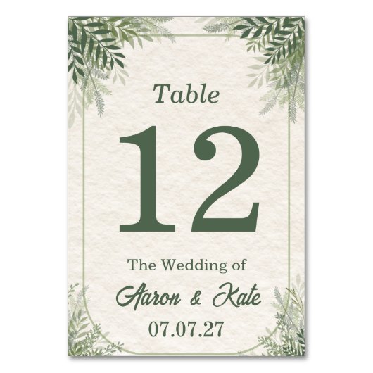 Beige Green Leaves Simple Wedding Tischnummer (Vorderseite)