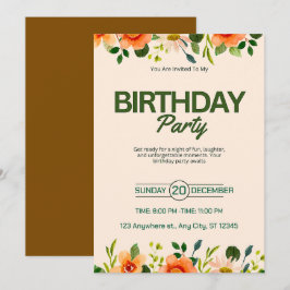 Beige Green Simple Floral Geburtstag Einladung