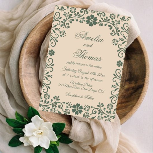 Beige Green Talavera Wedding Einladung