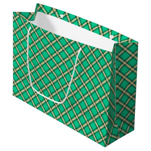 Beige grüne, karierte Muster Große Geschenktüte (Vorderseite Schrägansicht)
