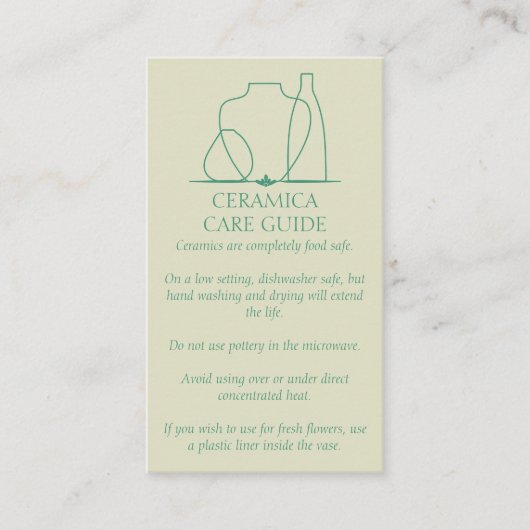 Beige grüne Keramik Vase Keramik Pflegeinstruktion Visitenkarte (Vorderseite)