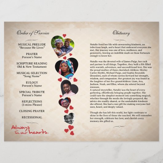 Beige-Grunge-Begräbungsprogramm zum Thema Herz Flyer (Hinten)