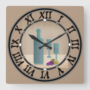 Beige Grunge Retro Vintage Weingläser Traubenmost Quadratische Wanduhr