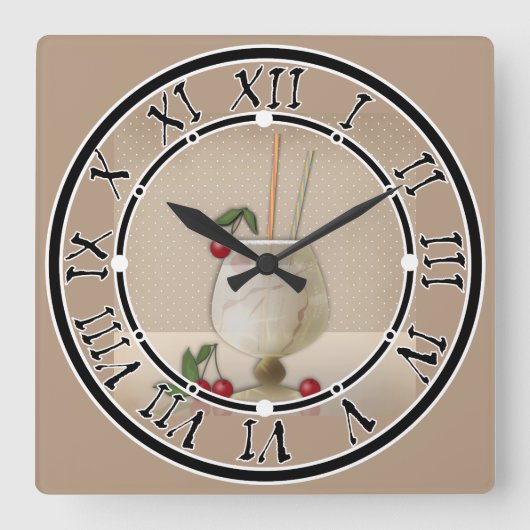 Beige Grunge Retro Vintager Cocktailkirsche Quadratische Wanduhr (Vorderseite)