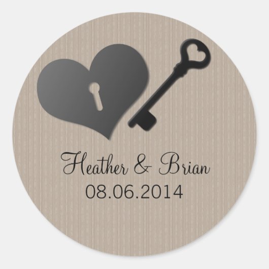 Beige Heart Lock and Key Wedding Stickers (Vorderseite)