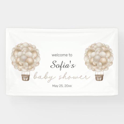 Beige Heißluftballon Boho Babydusche Banner (Horizontal)